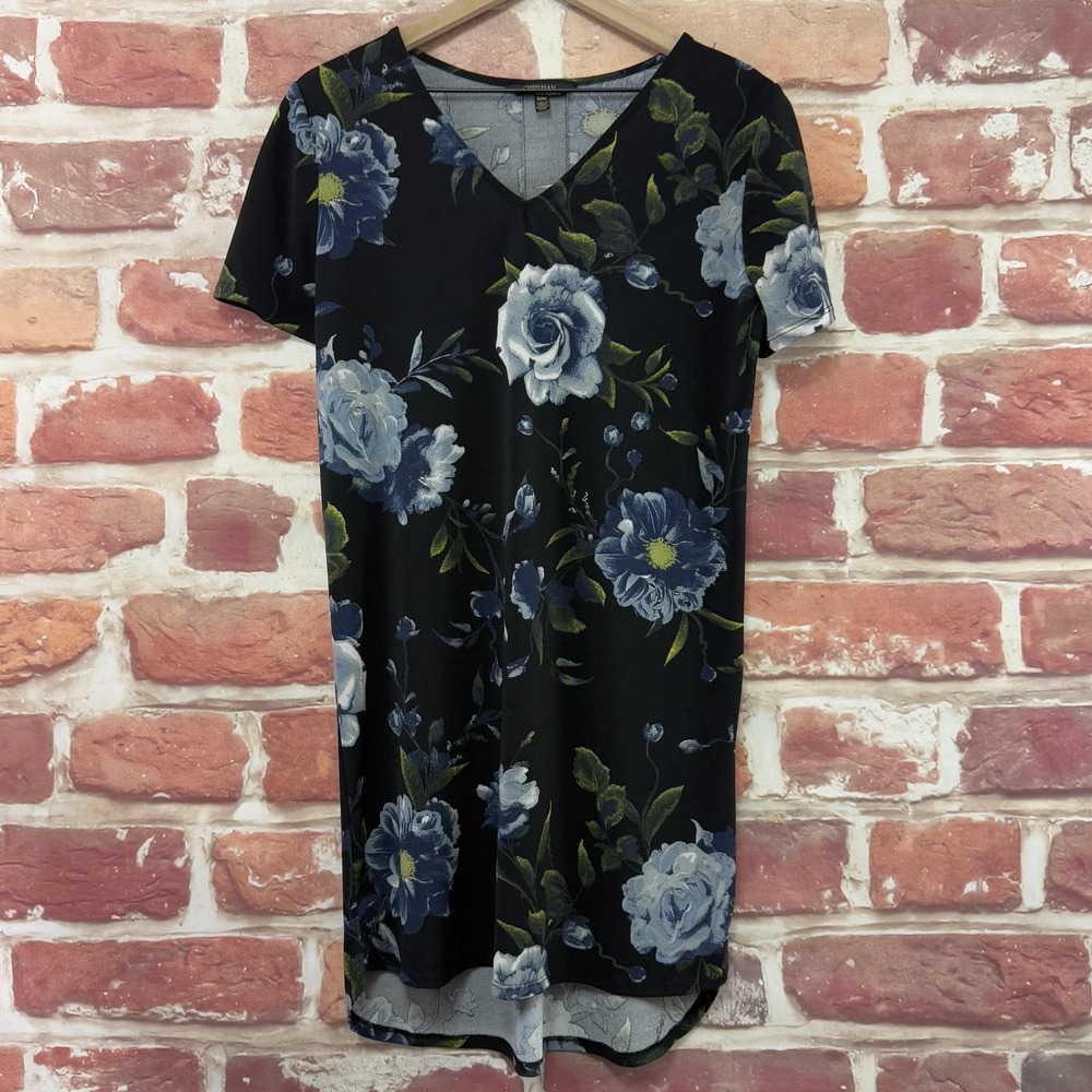 Christian Siriano Dress Women's M Black Multicolor Garden Floral Stretchy Casual